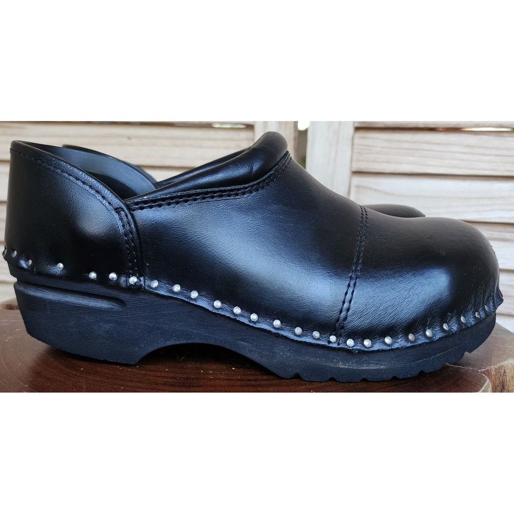 Troentorps Toffelfabrik EU 36 Black Leather Studded Clogs Slip On Scandi Shoes